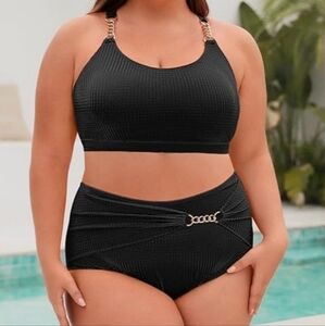 Hanna Nikole Textured 2 Piece Black Gold Chain Bikini Swimsuit 16W NWT